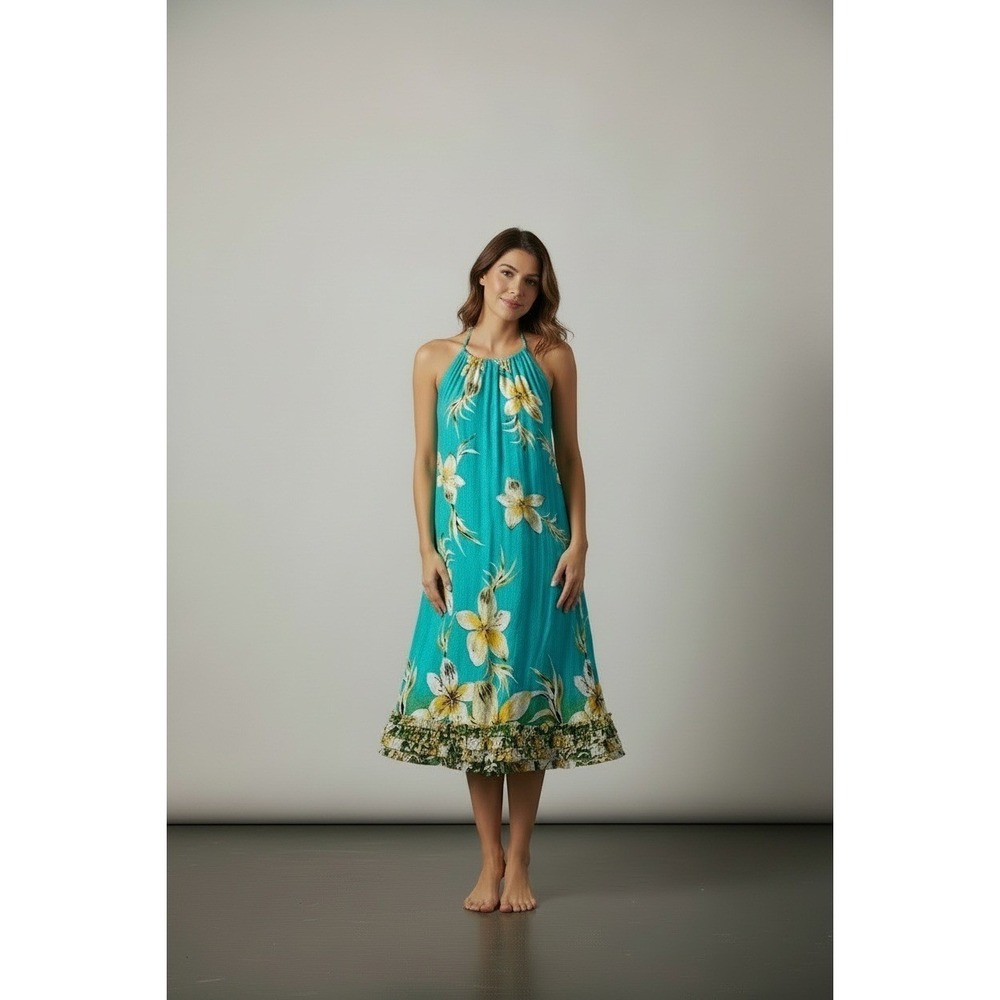 Forever Women's Teal Yellow Floral Sleeveless Ruffle Hem Mini Dress Size L